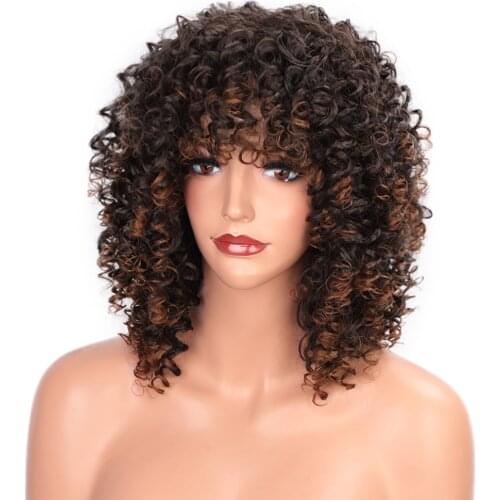 Lativ Synthetic Short Kinky Curly Wig with Bangs Brown Mixed Blonde Synthetic Wigs For Women Afro Wig Heat Resistant