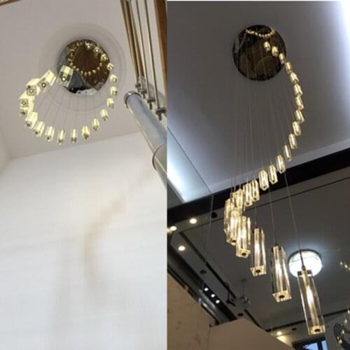 Modern Chinese simple villa lamp crystal block long line LED chandelier S - type rotating double staircase living room lighting