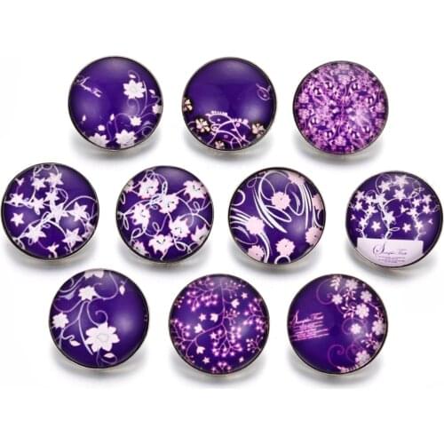10pcs/lot 2020 New Snap Jewelry 18mm Glass Snap Buttons Lot Purple Flower Cabochon Glass Charms Fit Leather Snap Bracelet