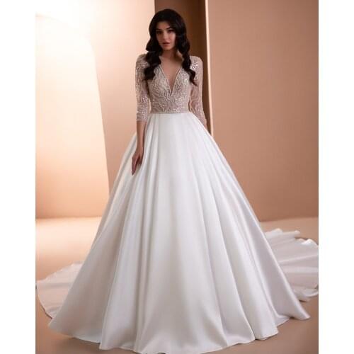 Robe De Mariage Satin A-Line Wedding Dress Sequined Beading Bodice Hochzeitskleid Three Quarter Sleeve Luxury Suknia Slubna