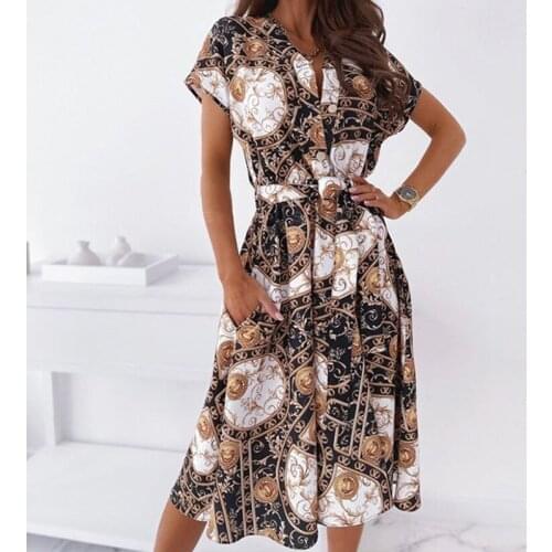 Vintage Printed Lace-Up Belt Shirt Dress Women Elegant V-Neck Button Midi Dress Fashion Summer Short Sleeve A-Line Party Dresses