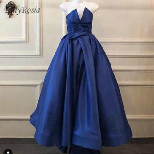 EillyRosia Vintage Royal Blue Prom Dresses Ankle Length Strapless A Line Ruched Pleated Elegant Arabic Evening Gowns gala jurken