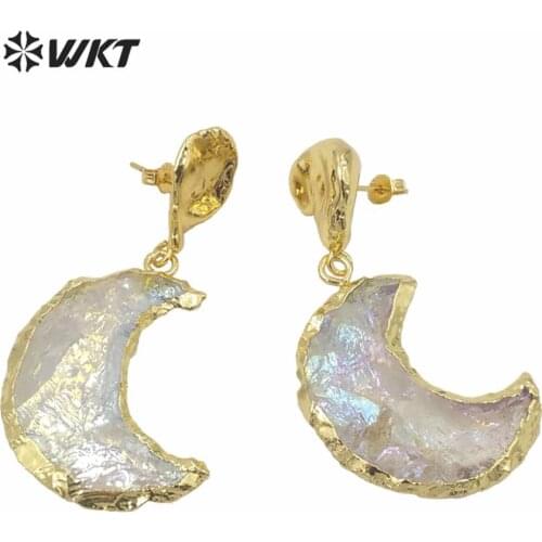 WT-E633 WKT Exclusive natural handmake raw crystal quartz AURA moon earrings fashion gold electroplated raw stone star earring