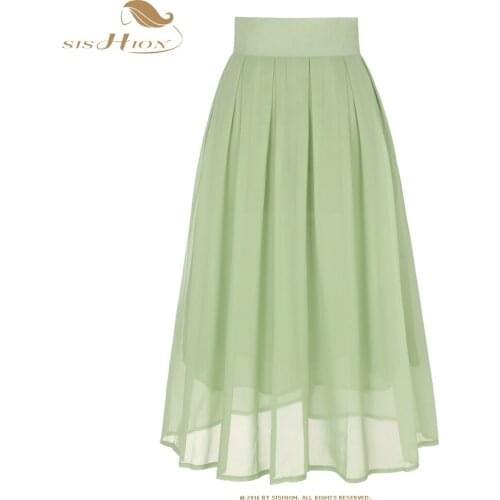 SISHION Solid Color Chiffon Long Skirt AL0166 High Waist Blue Green Pink Women Bohemian Boho Pleated Black Skirts 2021