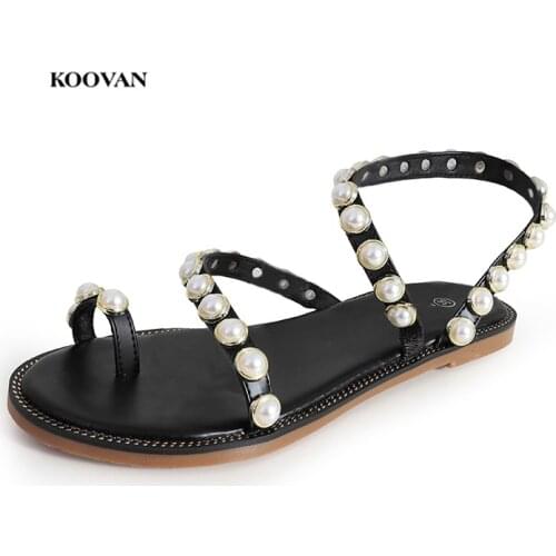 Koovan Women Sandals 2018 New Summer Pearl Sandals Girls Students Wild Roman Flat Beach Casual Bling Rhinestone Womens Shoes