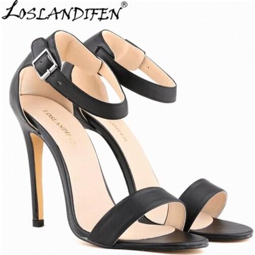 LOSLANDIFEN Women Pumps Ankle Strap Summer Shoes Woman High Heels Open Toe Leather Red Wedding 11 Colors 102-3MA