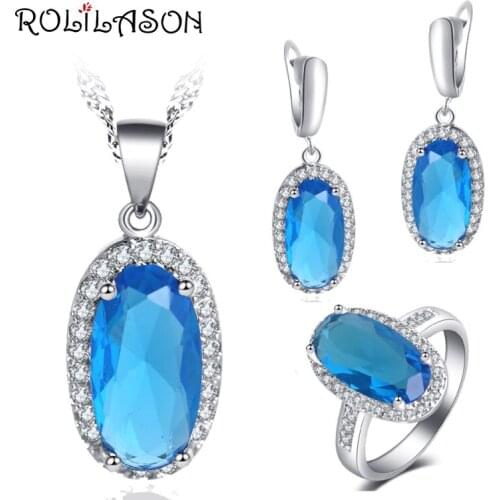 ROLILASON Light Blue Sky Cubic Zirconia Created special designs for ladies Silver Earrings Necklace Rings Jewelry Sets JS761