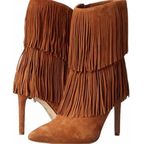 2021 Mid Calf Boots Pointed Toe High Thin Heels Women Fringe Female Boots Suede Boots Женские сапоги
