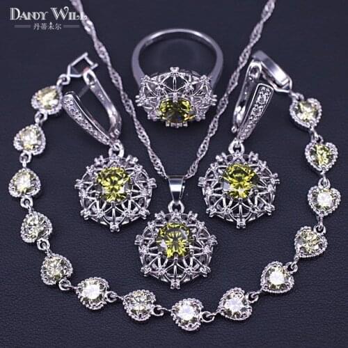Olive Green Zircon silver color costume Jewelry for women earrings rings necklace pendant bracelet set fashion jewelry