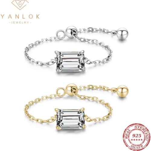 YANLOK Pure 925 Sterling Silver Emerald Cut Dazzling Clear CZ Link Chain Ajustable Finger Rings For Women Wedding Jewelry