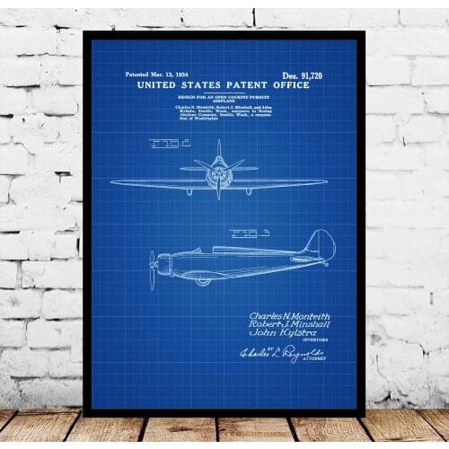 1934 Boeing Open Cockpit Pursuit Plane Patent Blueprint Poster