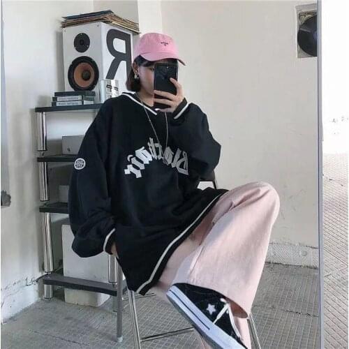 2021Winter Hip Hop Japanese V-neck Letter Print Oversized Hoodies Women Fashion All-match Oversized Sweatshirt Women