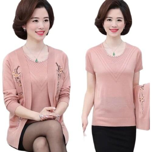 4XL Autumn Middle-aged Elderly Mother Wear Ladies Two-Piece Suit Short-SleeSpring Cardigan Top Knit Sweater Women Outerwear