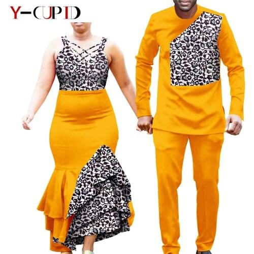 African Clothes for Couple Print Maxi Long Dresses for Women Dashiki Outfits Shirts and Pants 2 Piece Sets for Men Party YA21C05
