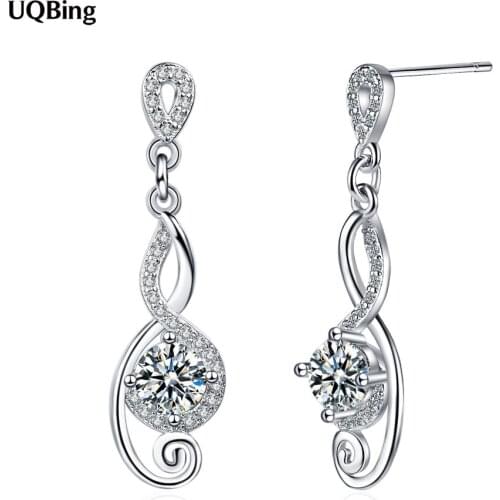 Geometric 925 Sterling Silver Zircon Music Notes Long Wedding Stud Earrings For Women Gifts Jewelry