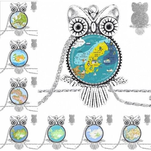 EJ Glaze Iceland Map Bronze Color Glass Cabochon With Owl Shaped Pendant Choker Necklace For Christmas Gift