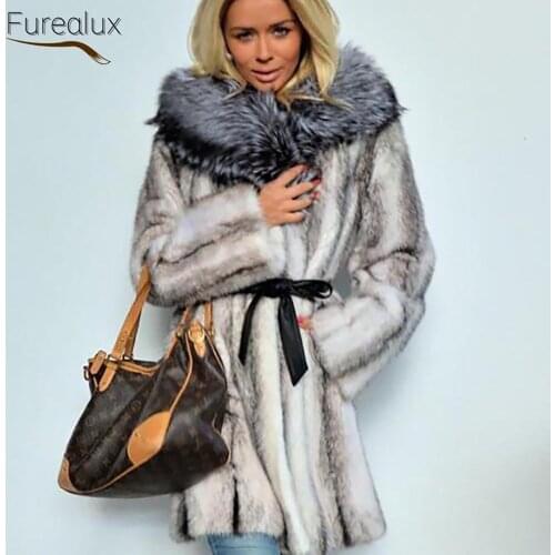 FUREALUX 2021 Natural Real Mink Coat Leather Grass With Fox Fur Hat Thick Handmade Mid-length Warm Winter Fashion Trend Women