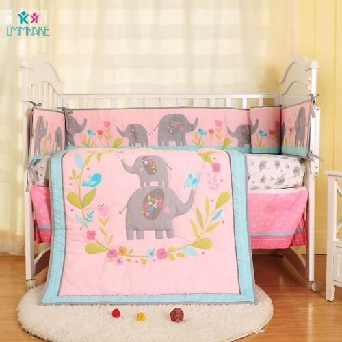 Cotton Baby Bed Bumpers Soft Breathable Baby Girls Bedding Sets Pink Elephant Embroidery Newborns Baby Bed Sheet Quilt Bedskirt