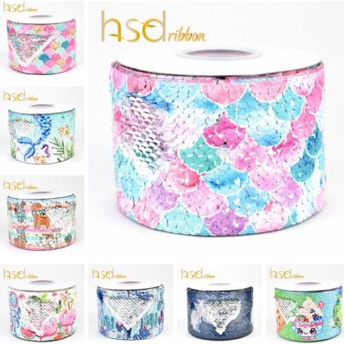 HSDRibbon 75mm 3 inch heat transfer printed Sequin Fabric Reversible Glitter Sequin Ribbon 25Yards/Roll for diy bows