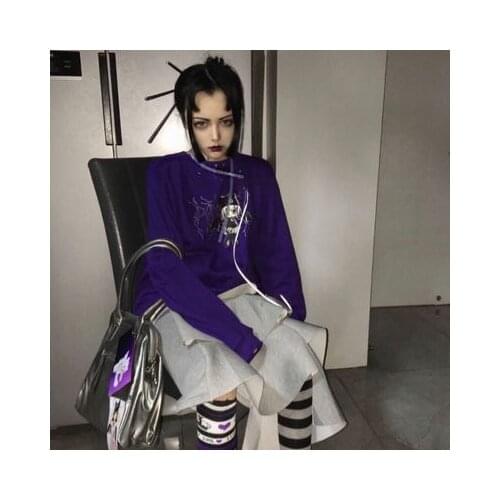 Ruibbit Punk Goth Print Purple Hoodies Gothic Harajuku Long Sleeve Pullover Hoodies Streetwear Y2K Women O Neck Hoodies