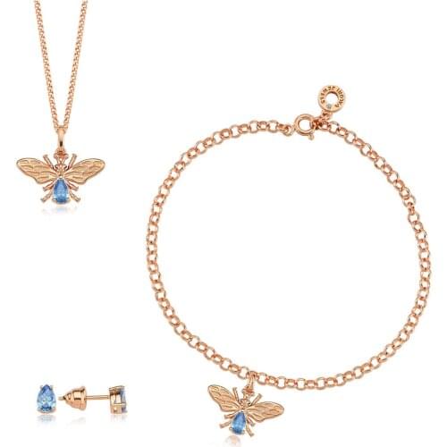 Valori Jewels Lucky Bee, Zirconia Fancy Blue Gemstone, Rhodium Plated, Sterling Silver Trio Set