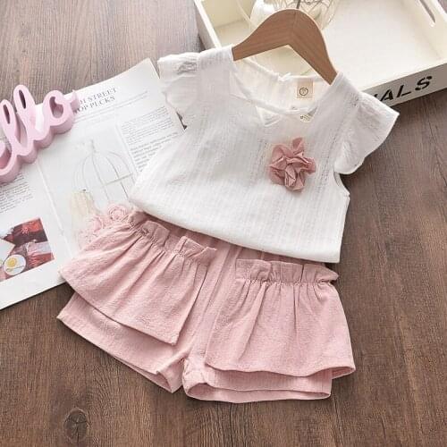 2021 New Summer Baby Girls Clothes Set Flare Sleeve Children Clothing White Tops and Shorts for Girl Suit Kids Clothes 2 6T
