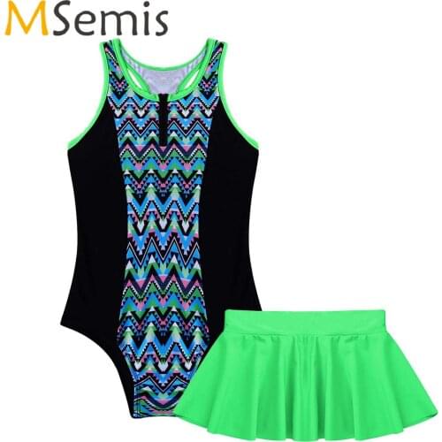 2Pcs Kids Girls Swimming Suit Round Neck Racer Back Keyhole Back Swimming Jumpsuit and Skirt Set Beach Swimwear Bathing Suits
