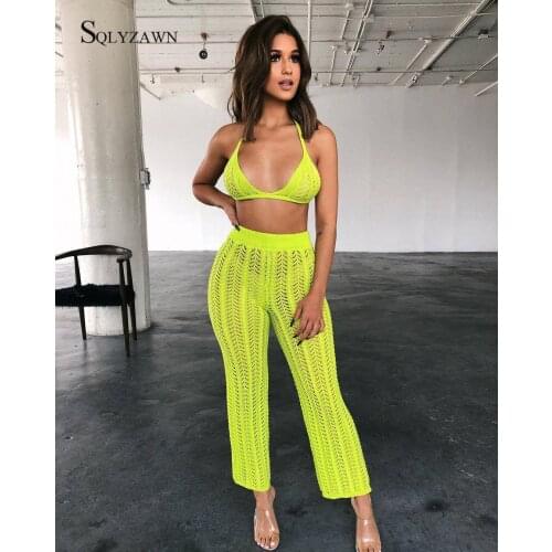 Summer Fishnet Knitted Two Piece Set Women Sexy See Through Night Club Suits Bra Top Pants Casual Beachwear Outfits Plus Size