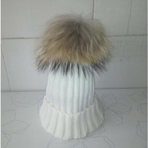 Fashion Real Raccoon Fur Winter Hats For Women Mink Fur Warm Bobble Hat Fox Fur Ball Beanie Knitted Winter Cap