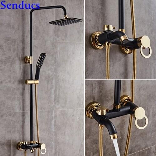 Senducs Black Gold Bathroom Shower Set With High Quality Brass Bathroom Thermostatic Shower System White Gold Shower Sets