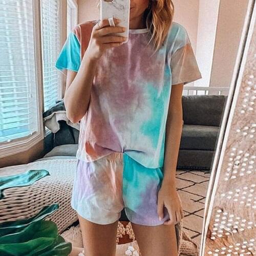 Simple Style Ladies Casual Pajamas Suits Tie-dye Printed Round Collar Short Sleeve Tops + Shorts Summer Daily Home 2 Pieces Sets