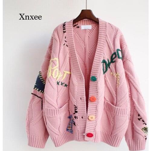 Vangull Knitted Cardigan Embroidery Women Warm Sweater Jacket Pocket Fashion Knit Cardigan Coat Autumn Winter Loose Sweaters
