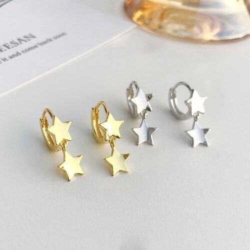 WTLTC 100% 925 Sterling Sliver Small Two Star Hoop Earrings for Women Tiny Charms Piercing Earrings Simple Huggie Earrings Hoops