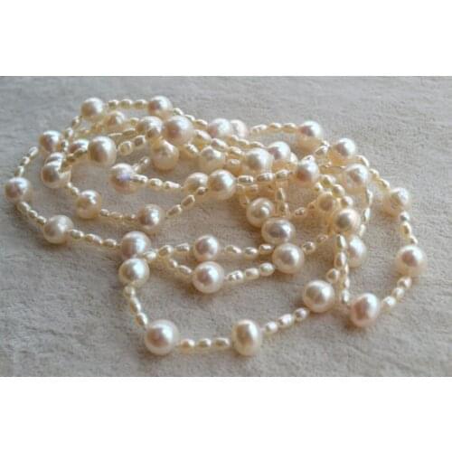 Perfect Pearl Necklace,White 40'' AA 3-9MM Rice Potato Shape Real Freshwater Pearl Necklace,Fashion Ladys Jewelry