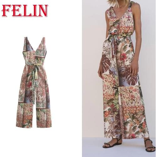 Women 2021 Summer V-Neck Oversized Jumpsuit Turkish Floral Printed Long Rompers Casual Bodysuit Mujer Mono