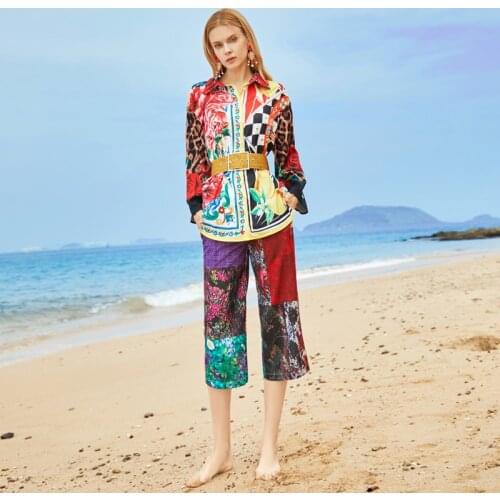 WomenS Sets Designer Spring New Fashion Belt Single-Breasted Shirt Tops And Loose Pants Print Vintage Vacation Two-Piece Suit