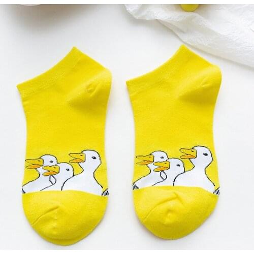 Womens Cotton socks Fashion Cartoon Comfortable soft Embroidery Small Yellow Duck Embroidery Pattern sock White Cute Kawaii Sox