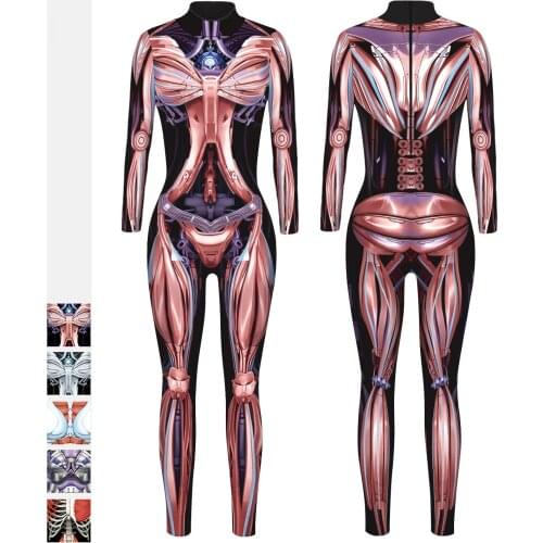 Women Men Skeleton Cosplay Costumes Halloween Party Zentai Jumpsuits Punk Mechanical Printed Bodysuits Elastic Fitness Outfit