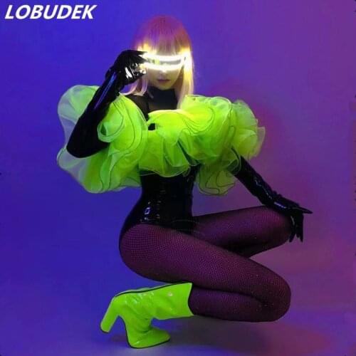 Women Dancer Groups Bar Club Stage Costume Fluorescent Green Black PU Leather Bodysuit Gloves Outfit Sexy DJ Jazz Dance Clothes