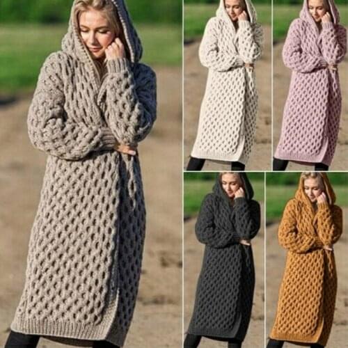 Anbenser Women V-neck Lantern Sleeve Open Stitch Loose Sweater with Hood Autumn Sweater Cardigans Women Clothes Female Knit Coat