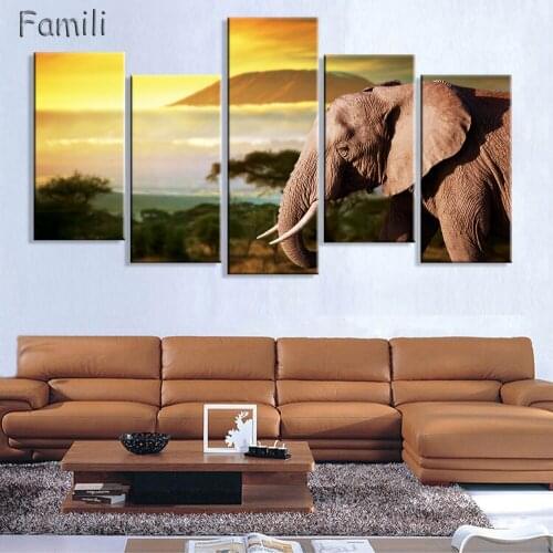 5 Pcs Beautiful Dark Landscape Living Room Decoration Desert Sunset Elephant Canvas Printed Painting Wall Hanging Home Decor