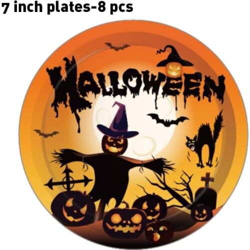 8 pcs 7inch Orange Pumpkin Ghost Witch Halloween Party Plates Disposable Tableware Sets for Happy Halloween Party Decorations