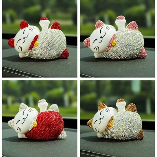 Diamond Fortune Cat Car Interior Accessories Dashboard Ornament Rhinestone Cute Solar Energy Lucky Cat Home Auto Decoration