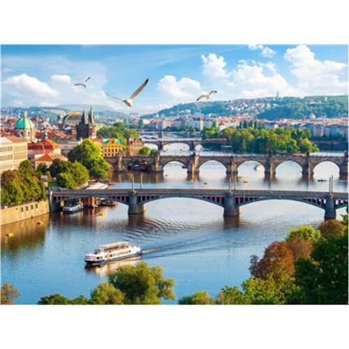 LZAIQIZG Full Square/Round Diamond Painting Seaside City Scenery Mosaic Embroidery River Bridge Landscape Diamond Art Wall Decor