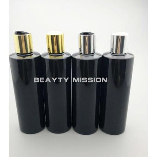 BEAUTY MISSION 250ML 24Pcs/Lot Black Plastic Bottle With Electrified aluminum Gold/Silver Disc Top Cap,250CC Makeup Sub-bottling