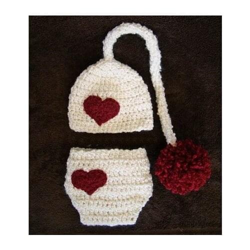 Free shipping,Handmade Baby crochet long tail elf hat with matching Diaper Nappy Ivory red Newborn Photo Prop NB-3M 100% cotton