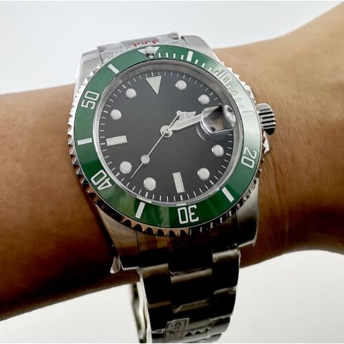 BLIGER Black Luxury Men Watch 24 Jewels NH35 MIYOTA 8215 Brushed Oyster Strap Sapphire Crystal Light Green Insert