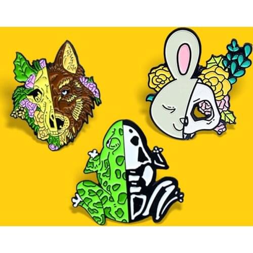 Flower plants Animals Skull Enamel pins Rabbit Frog Wolf Boar Skeleton Anatomy Badges Brooch Gifts for Friends Jewelry wholesale