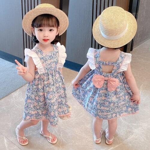 Girls' back bow floral dress summer new style childrens fashion little girl western princess dress
