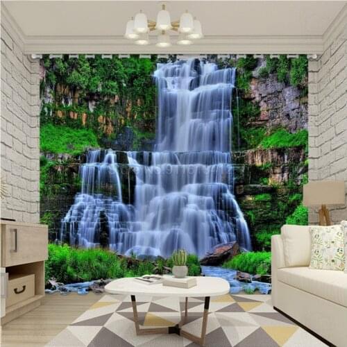Landscape Curtain Cave Waterfall Living Room Bedroom Photo Blackout Curtains 3D Simple Green Window Drapes Light Shading